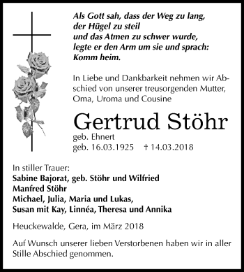 Traueranzeige von Gertrud Stöhr von Mitteldeutsche Zeitung Zeitz