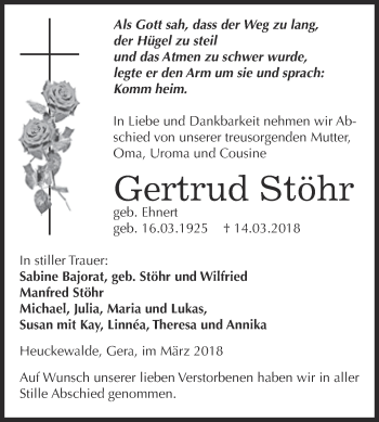 Traueranzeige von Gertrud Stöhr von Super Sonntag Zeitz