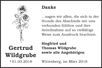 Traueranzeige von Gertrud Wildgrube von WVG - Wochenspiegel Wittenberg