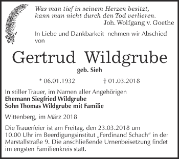 Traueranzeige von Gertrud Wildgrube von WVG - Wochenspiegel Wittenberg