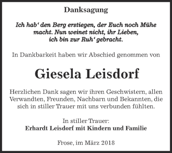 Traueranzeige von Giesela Leisdorf von Super Sonntag Aschersleben