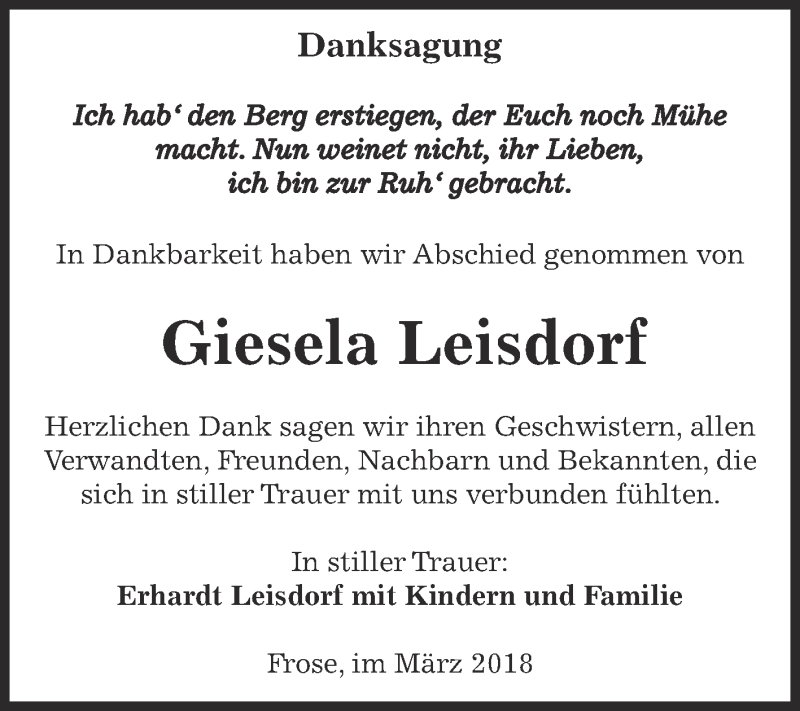  Traueranzeige für Giesela Leisdorf vom 31.03.2018 aus Super Sonntag Aschersleben