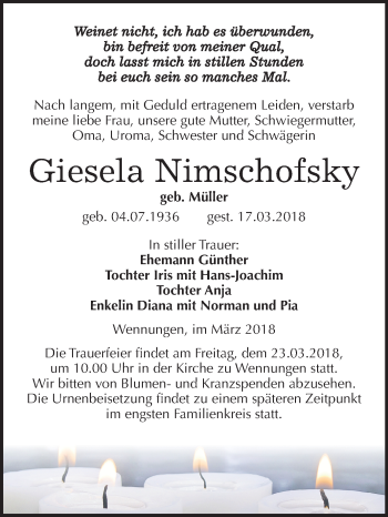 Traueranzeige von Giesela Nimschofsky von Mitteldeutsche Zeitung