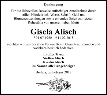 Traueranzeige von Gisela Alisch von Mitteldeutsche Zeitung Bitterfeld