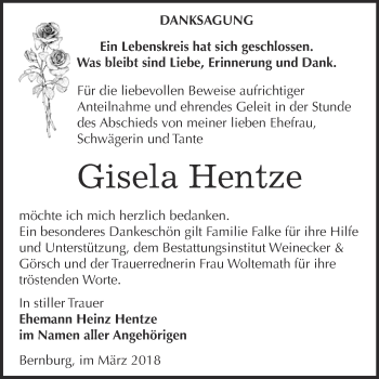 Traueranzeige von Gisela Hentze von Super Sonntag Bernburg