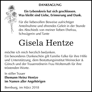 Traueranzeige von Gisela Hentze von Mitteldeutsche Zeitung Bernburg