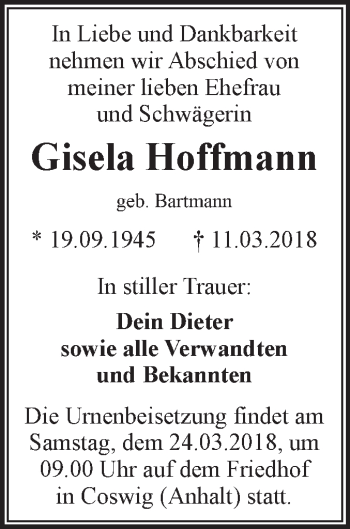 Traueranzeige von Gisela Hoffmann von WVG - Wochenspiegel Dessau / Köthen