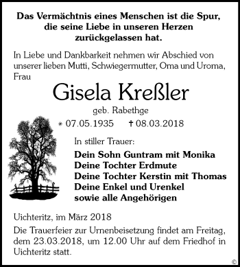 Traueranzeige von Gisela Kreßler von Mitteldeutsche Zeitung Weißenfels