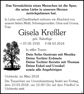 Traueranzeige von Gisela Kreßler von WVG - Wochenspiegel NMB / WSF / ZTZ