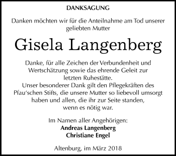 Traueranzeige von Gisela Langenberg von Mitteldeutsche Zeitung Bernburg