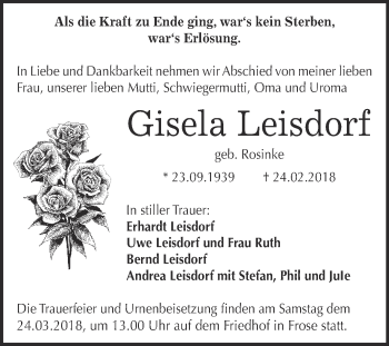 Traueranzeige von Gisela Leisdorf von Super Sonntag Aschersleben