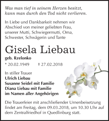 Traueranzeige von Gisela Liebau von Mitteldeutsche Zeitung Quedlinburg
