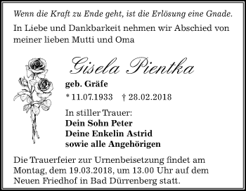 Traueranzeige von Gisela Pientka von Mitteldeutsche Zeitung Merseburg/Querfurt