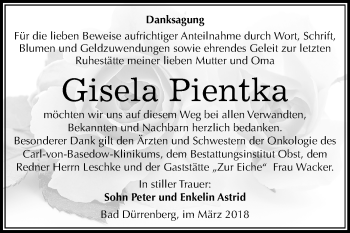 Traueranzeige von Gisela Pientka von Mitteldeutsche Zeitung Merseburg/Querfurt