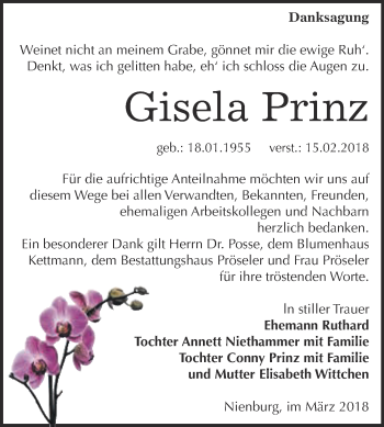 Traueranzeige von Gisela Prinz von Super Sonntag Bernburg