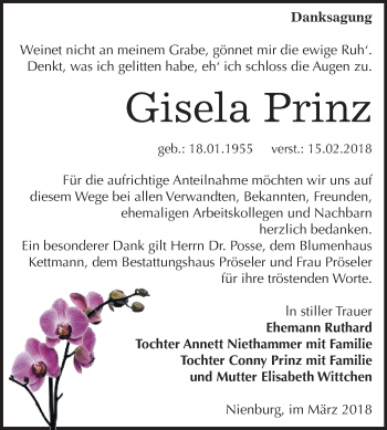 Traueranzeige von Gisela Prinz von Mitteldeutsche Zeitung Bernburg