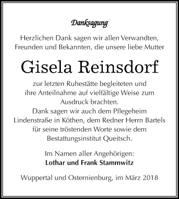Traueranzeige von Gisela Reinsdorf von WVG - Wochenspiegel Dessau / Köthen