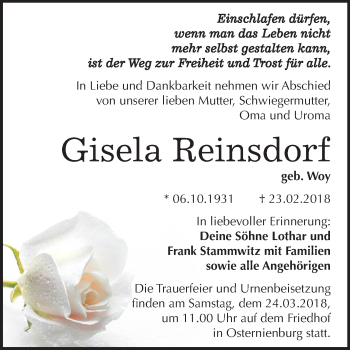 Traueranzeige von Gisela Reinsdorf von Mitteldeutsche Zeitung