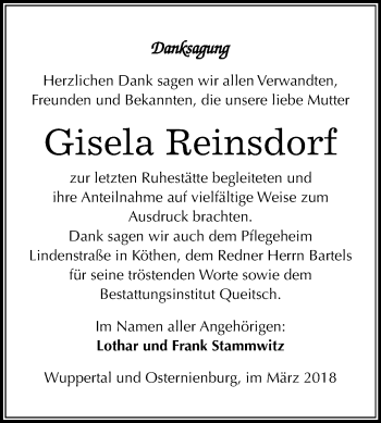 Traueranzeige von Gisela Reinsdorf von Mitteldeutsche Zeitung Köthen