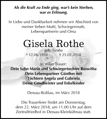 Traueranzeige von Gisela Rothe von Mitteldeutsche Zeitung Dessau-Roßlau