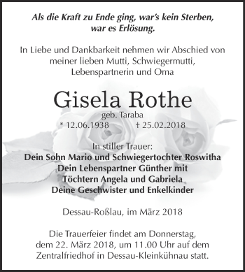 Traueranzeige von Gisela Rothe von WVG - Wochenspiegel Dessau / Köthen