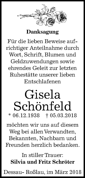 Traueranzeige von Gisela Schönfeld von Mitteldeutsche Zeitung Dessau-Roßlau