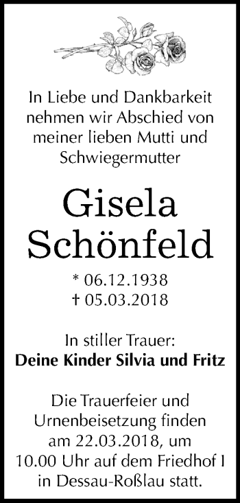 Traueranzeige von Gisela Schönfeld von Mitteldeutsche Zeitung Dessau-Roßlau
