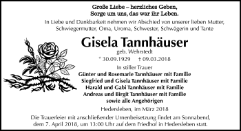 Traueranzeige von Gisela Tannhäuser von Mitteldeutsche Zeitung Quedlinburg
