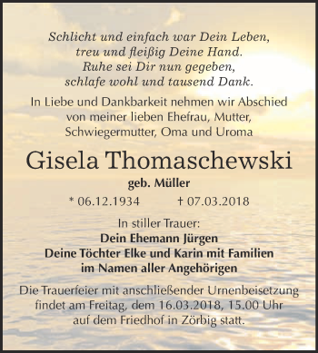 Traueranzeige von Gisela Thomaschewski von WVG - Wochenspiegel Bitterfeld