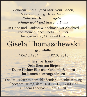 Traueranzeige von Gisela Thomaschewski von Mitteldeutsche Zeitung Bitterfeld