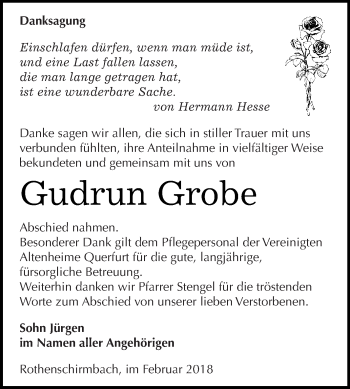Traueranzeige von Gudrun Grobe von Super Sonntag SGH Mansf. Land