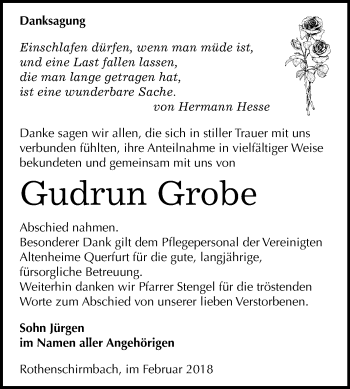 Traueranzeige von Gudrun Grobe von Mitteldeutsche Zeitung