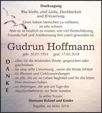 Traueranzeige von Gudrun Hoffmann von WVG - Wochenspiegel Bitterfeld