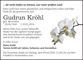 Traueranzeige von Gudrun Kröhl von Mitteldeutsche Zeitung Aschersleben