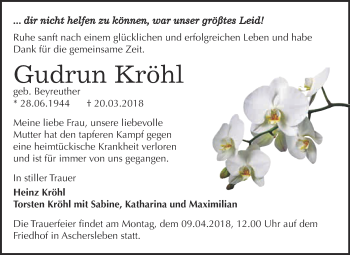Traueranzeige von Gudrun Kröhl von Super Sonntag Aschersleben