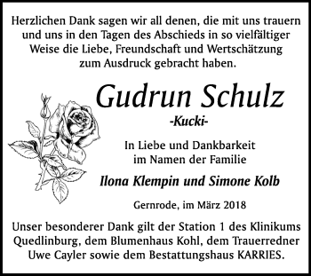 Traueranzeige von Gudrun Schulz von Mitteldeutsche Zeitung Quedlinburg