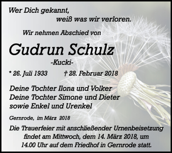 Traueranzeige von Gudrun Schulz von Mitteldeutsche Zeitung Quedlinburg
