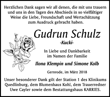 Traueranzeige von Gudrun Schulz von WVG - Wochenspiegel Quedlinburg