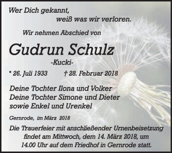 Traueranzeige von Gudrun Schulz von WVG - Wochenspiegel Quedlinburg