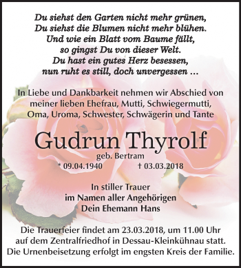 Traueranzeige von Gudrun Thyrolf von Mitteldeutsche Zeitung Dessau-Roßlau
