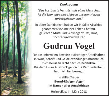 Traueranzeige von Gudrun Vogel von WVG - Wochenspiegel Bitterfeld