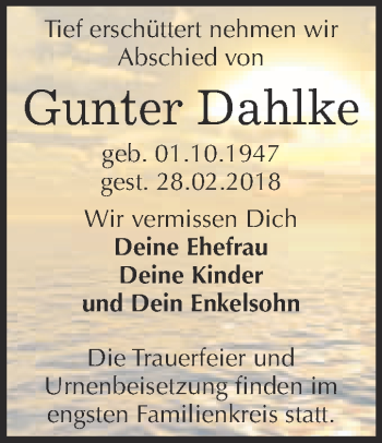 Traueranzeige von Gunter Dahlke von WVG - Wochenspiegel Bitterfeld