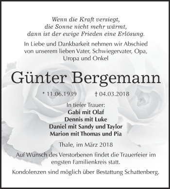 Traueranzeige von Günter Bergemann von Super Sonntag Quedlinburg