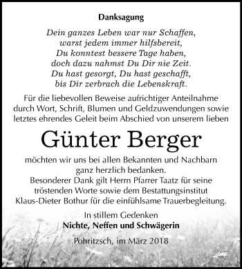 Traueranzeige von Günter Berger von Mitteldeutsche Zeitung Bitterfeld
