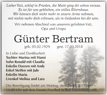 Traueranzeige von Günter Bertram von Super Sonntag Merseburg