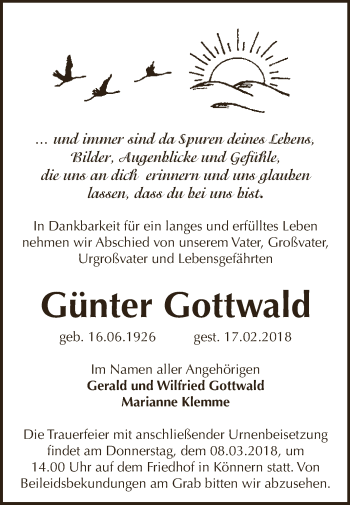 Traueranzeige von Günter Gottwald von Super Sonntag Bernburg