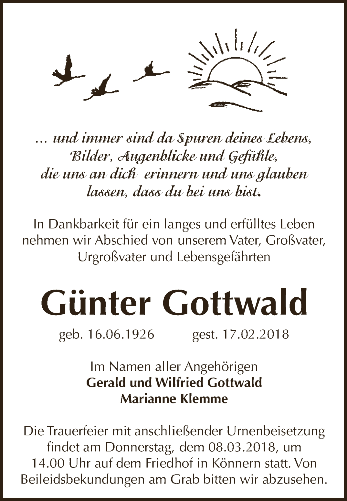  Traueranzeige für Günter Gottwald vom 03.03.2018 aus Super Sonntag Bernburg