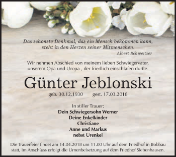 Traueranzeige von Günter Jeblonski von WVG - Wochenspiegel Bitterfeld
