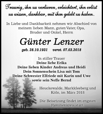 Traueranzeige von Günter Lenzer von Mitteldeutsche Zeitung Zeitz