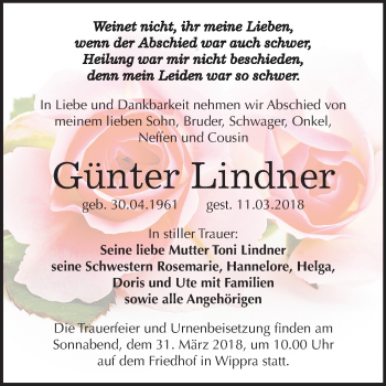 Traueranzeige von Günter Lindner von Mitteldeutsche Zeitung